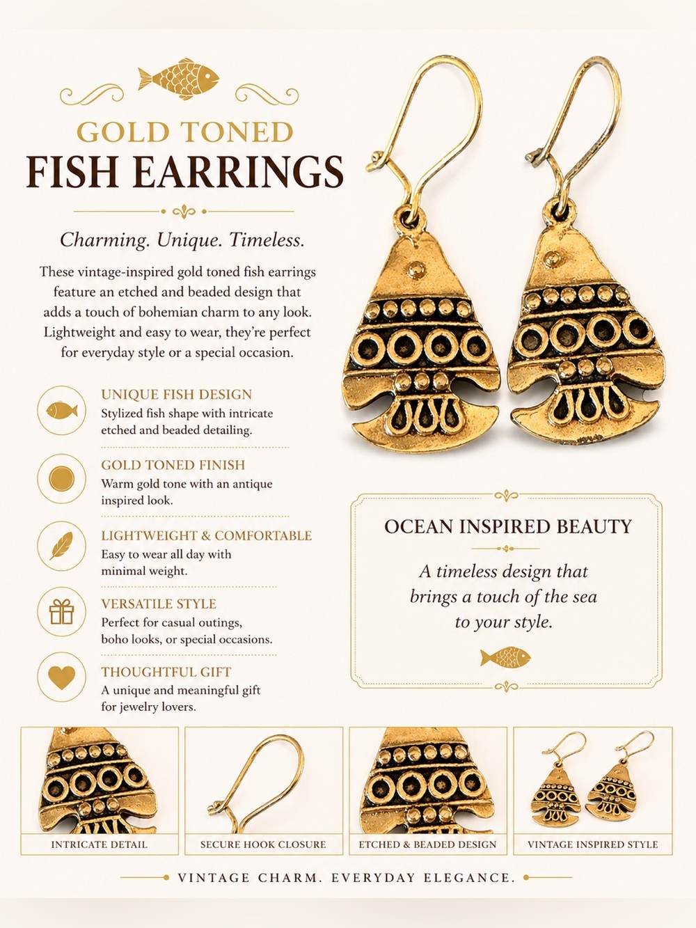 Vintage Gold Tone Fish Earrings Boho Coastal Nautical Dangle Earrings